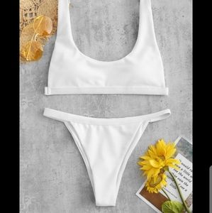 Zaful Ribbed High Leg Padded Bikini Set White